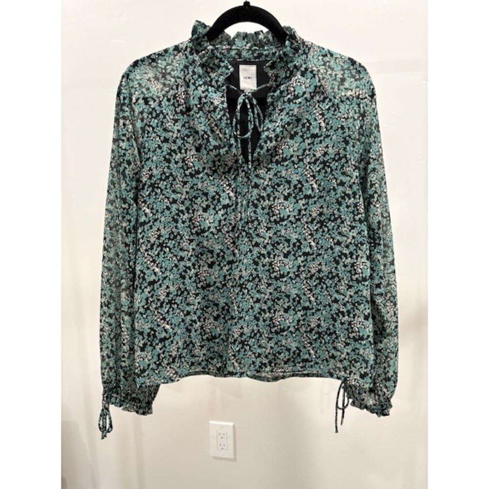 ICHI Long Sleeve‎ Floral Ruffle Neck Tie Blouse Teal Black 38 Medium